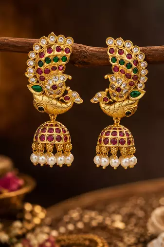 gold plated peacock jhumka earrings for women | bridal wedding festive wear