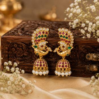 gold plated peacock jhumka earrings for women | bridal wedding festive wear 2