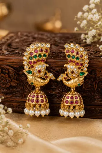 gold plated peacock jhumka earrings for women | bridal wedding festive wear