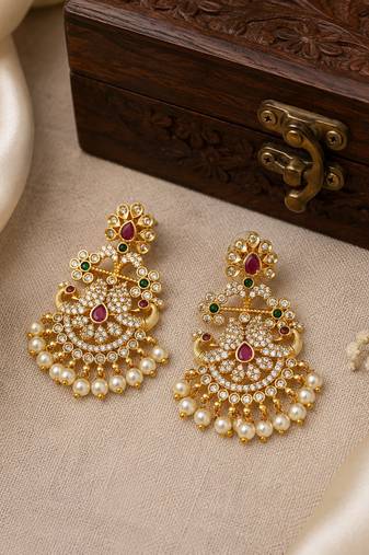 gold toned cz peacock chandbali earrings for women & girls | wedding, festive & party wear earrings
