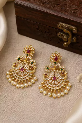 gold toned cz peacock chandbali earrings for women & girls | wedding, festive & party wear earrings