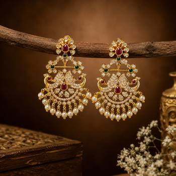 gold toned cz peacock chandbali earrings for women & girls | wedding, festive & party wear earrings 3