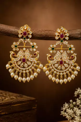 gold toned cz peacock chandbali earrings for women & girls | wedding, festive & party wear earrings