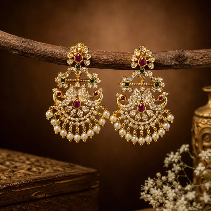 gold toned cz peacock chandbali earrings for women & girls | wedding, festive & party wear earrings