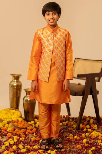 Bright orange embroidered taffeta kurta jacket set