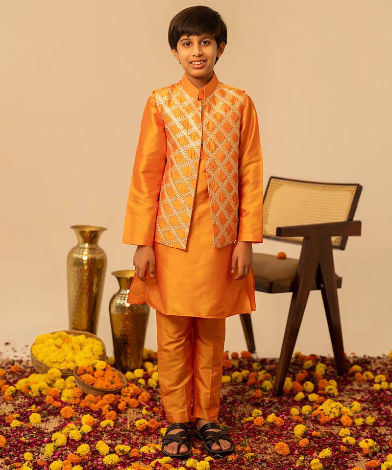Bright orange embroidered taffeta kurta jacket set
