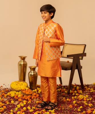 Bright orange embroidered taffeta kurta jacket set 2