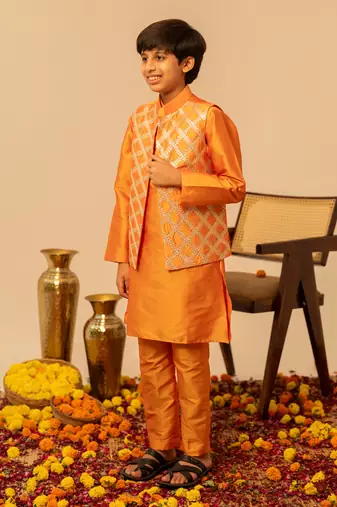 Bright orange embroidered taffeta kurta jacket set