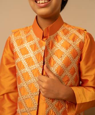 Bright orange embroidered taffeta kurta jacket set 3