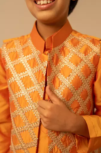Bright orange embroidered taffeta kurta jacket set