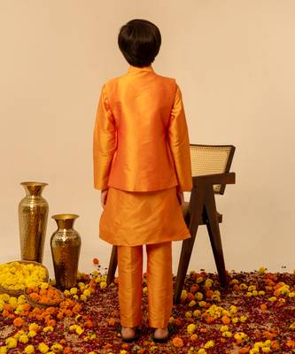 Bright orange embroidered taffeta kurta jacket set 4