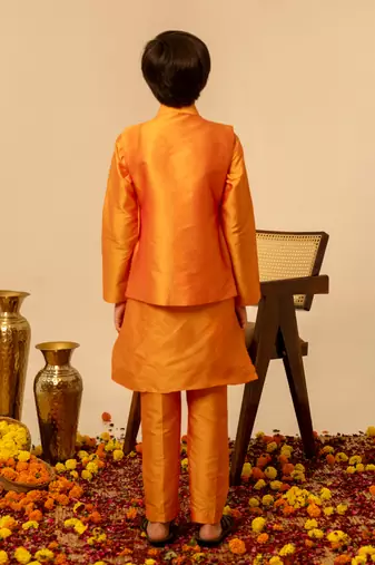 Bright orange embroidered taffeta kurta jacket set