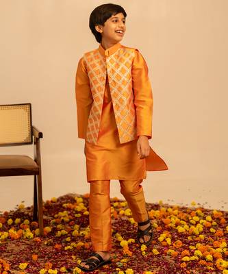 Bright orange embroidered taffeta kurta jacket set 5