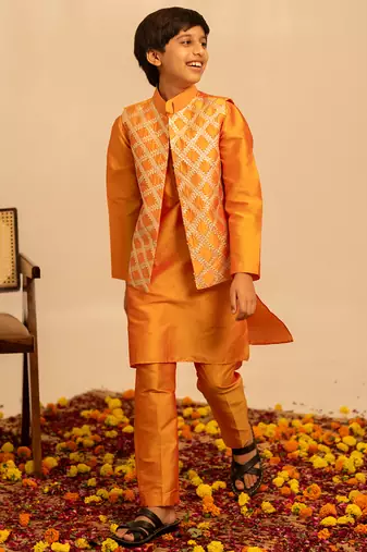 Bright orange embroidered taffeta kurta jacket set