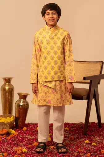 Pastel yellow printed cotton kurta jacket set