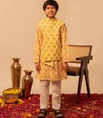 Pastel yellow printed cotton kurta jacket set