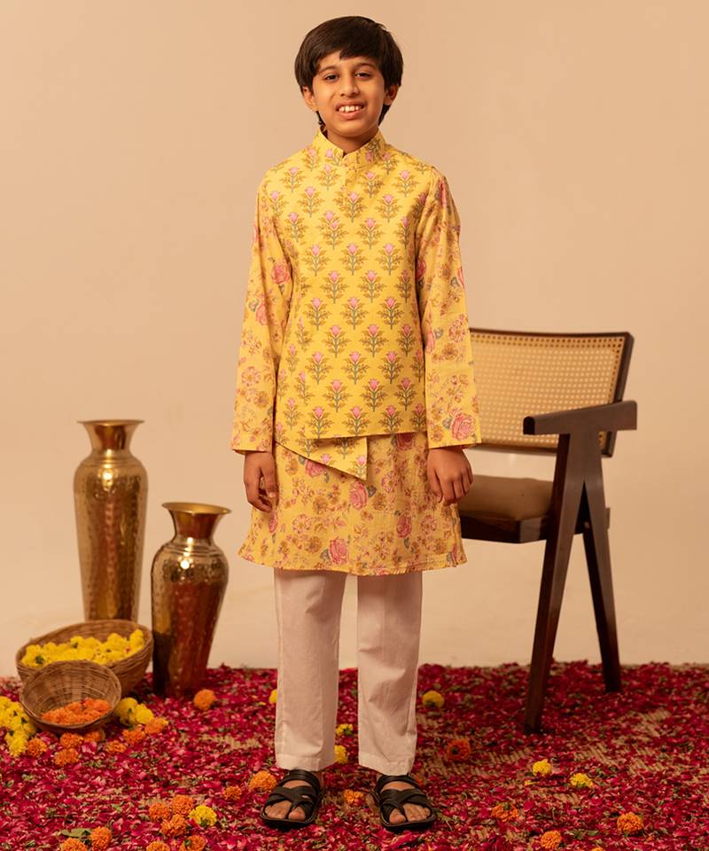 Pastel yellow printed cotton kurta jacket set