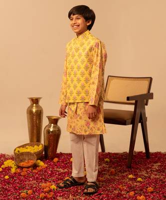 Pastel yellow printed cotton kurta jacket set 2