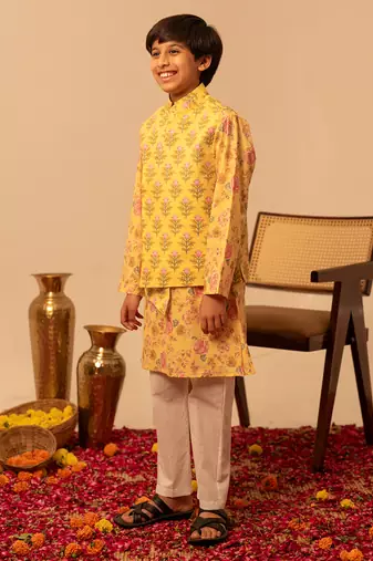 Pastel yellow printed cotton kurta jacket set