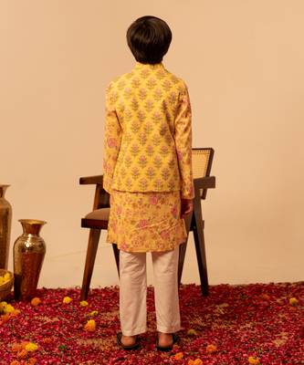 Pastel yellow printed cotton kurta jacket set 3