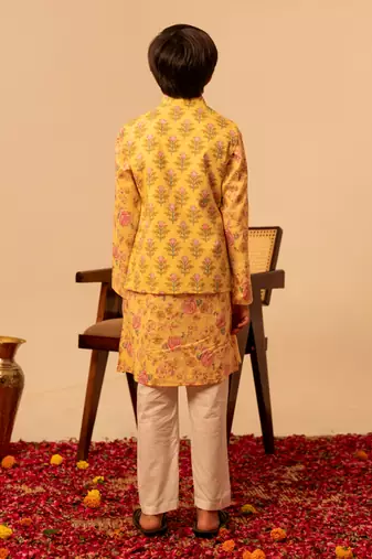 Pastel yellow printed cotton kurta jacket set