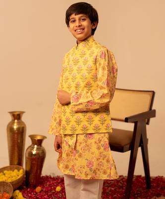 Pastel yellow printed cotton kurta jacket set 4
