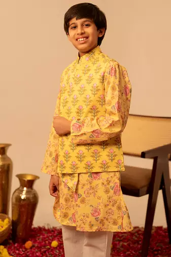 Pastel yellow printed cotton kurta jacket set