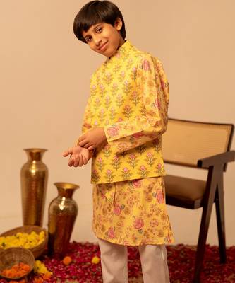 Pastel yellow printed cotton kurta jacket set 5