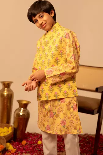 Pastel yellow printed cotton kurta jacket set