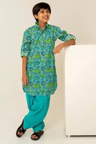 Turquoise blue floral printed cotton kurta set