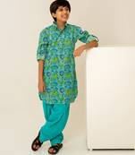 Turquoise blue floral printed cotton kurta set
