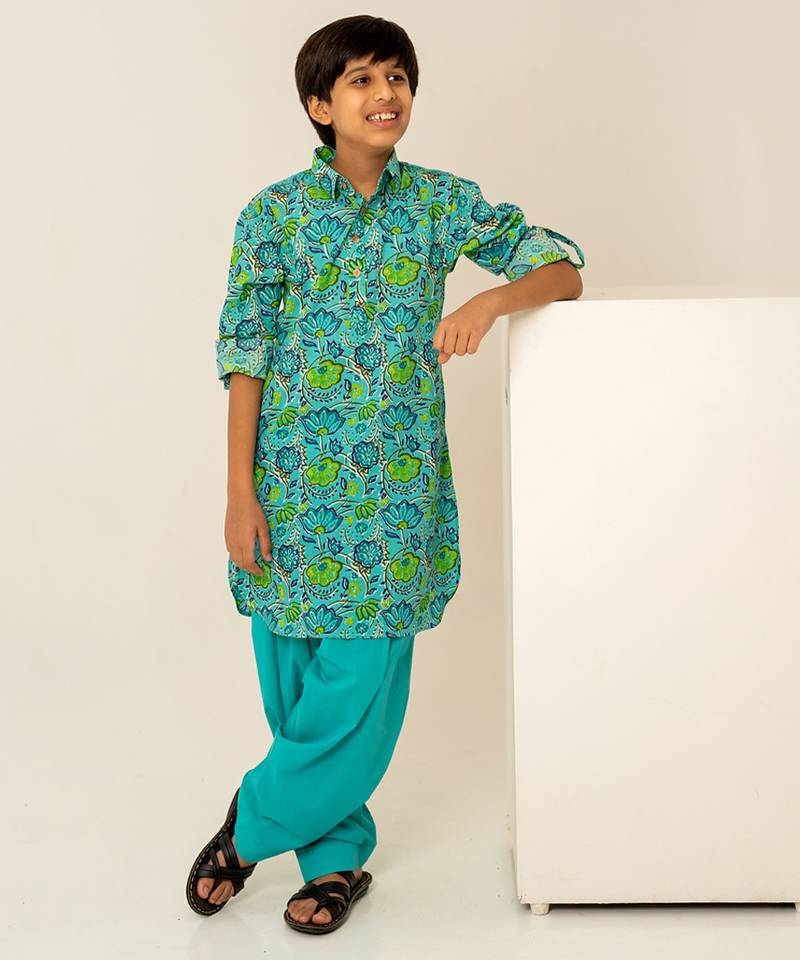Turquoise blue floral printed cotton kurta set