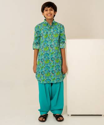 Turquoise blue floral printed cotton kurta set 2