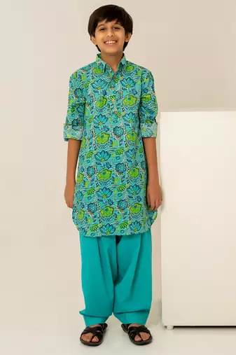 Turquoise blue floral printed cotton kurta set