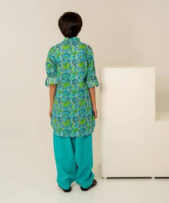 Turquoise blue floral printed cotton kurta set 3