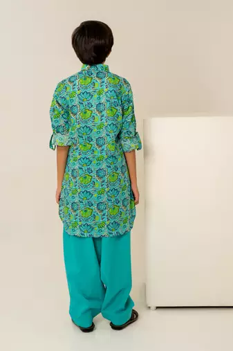 Turquoise blue floral printed cotton kurta set