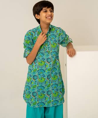 Turquoise blue floral printed cotton kurta set 4
