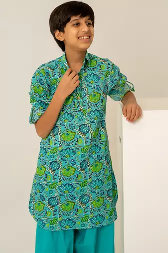 Turquoise blue floral printed cotton kurta set