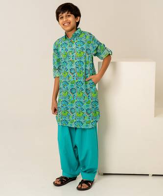 Turquoise blue floral printed cotton kurta set 5