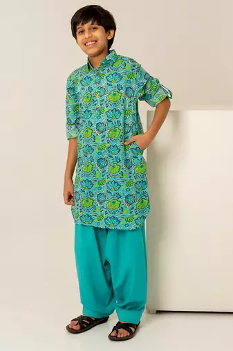 Turquoise blue floral printed cotton kurta set