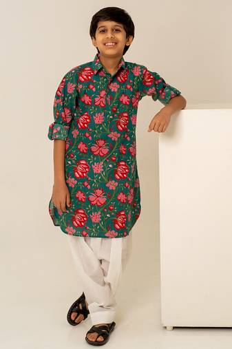 Teal green printed cotton kurta set
