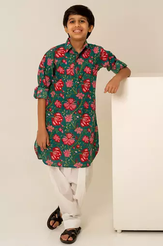 Teal green printed cotton kurta set