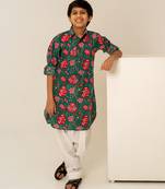Teal green printed cotton kurta set