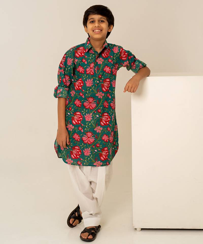 Teal green printed cotton kurta set