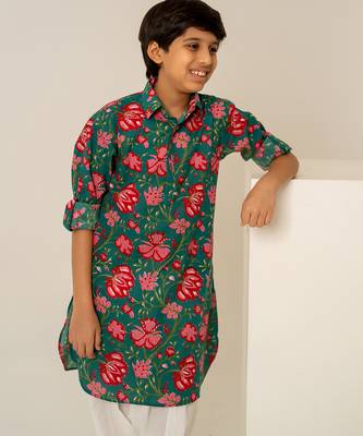 Teal green printed cotton kurta set 2