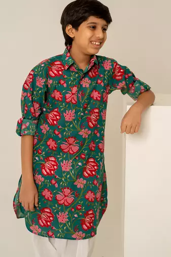 Teal green printed cotton kurta set