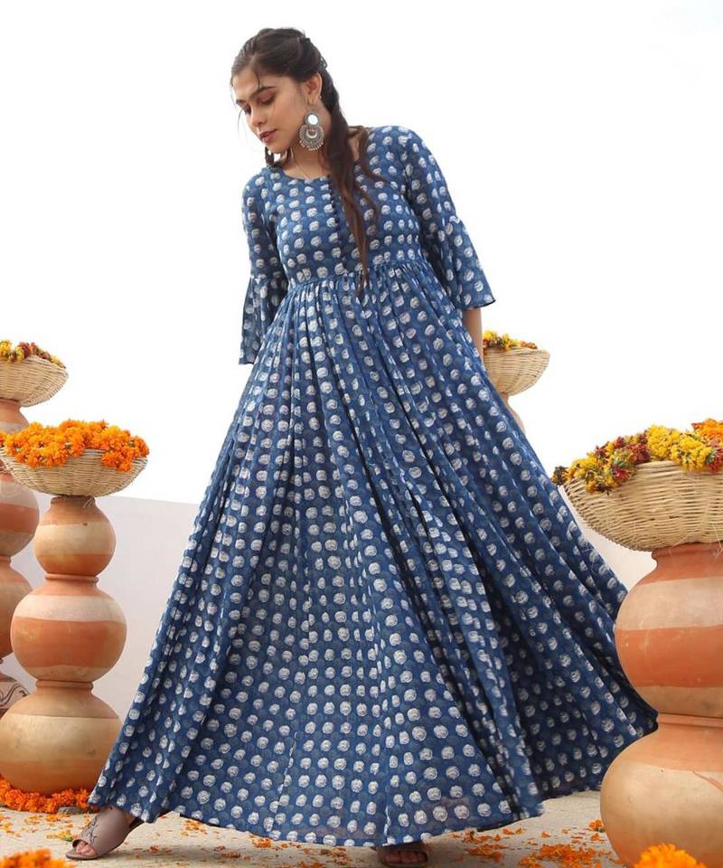 Printed cotton full flaired gown
