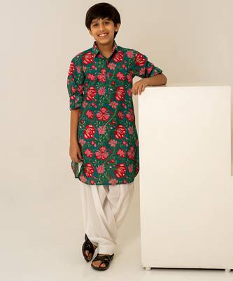 Teal green printed cotton kurta set 3