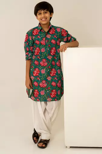 Teal green printed cotton kurta set
