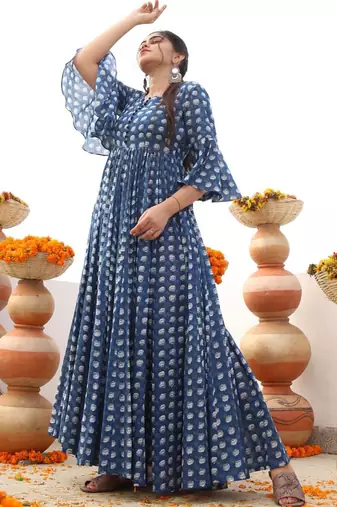Printed cotton full flaired gown